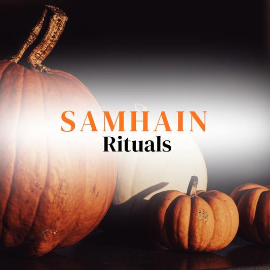 Pumpkins with text saying Samhain Rituals for a blog post.
