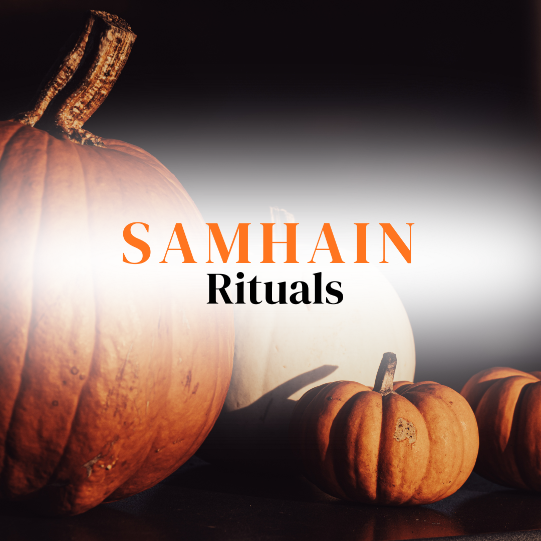 Pumpkins with text saying Samhain Rituals for a blog post.