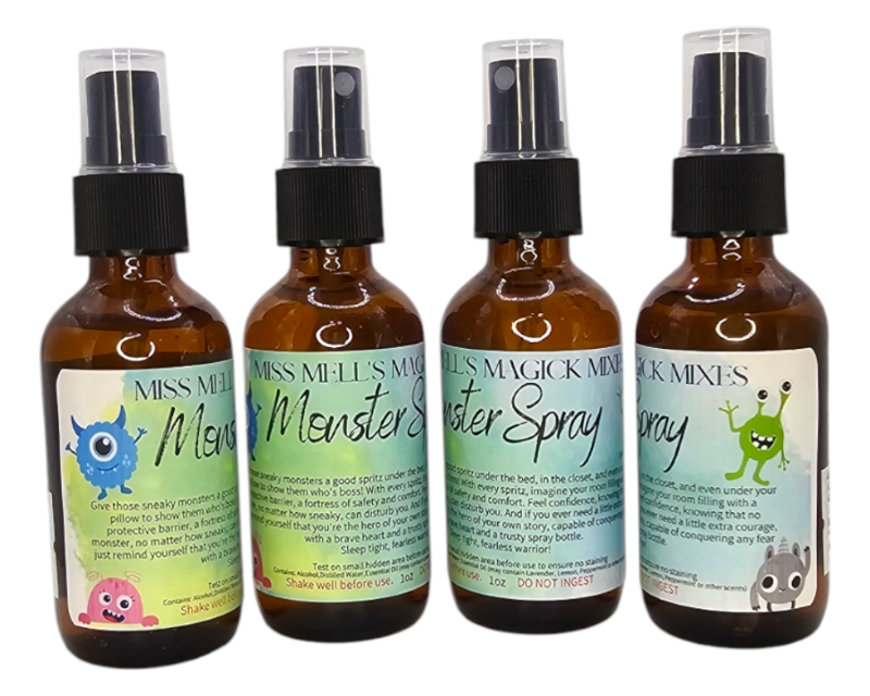 Four bottles of Miss Mel's Magick Mixes Monster Spray on a white background